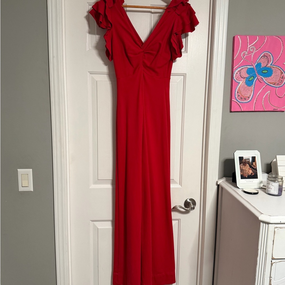 VENUS Red V-Neck Ruffle Sleeve Maxi Jumpsuit